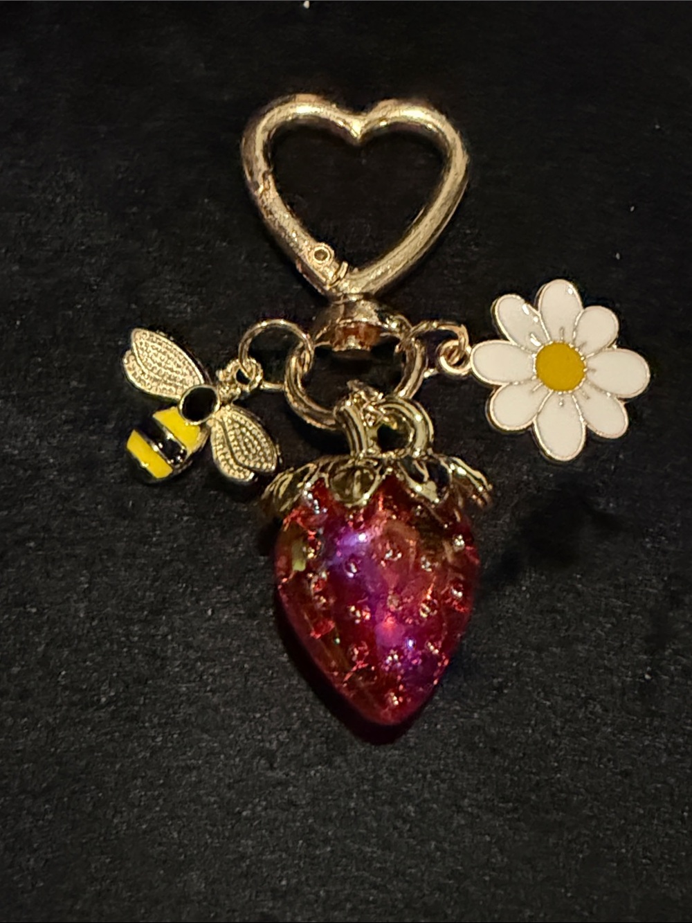 Strawberry Charm Keyring with Pink Iridescent Strawberry, Bee and Daisy